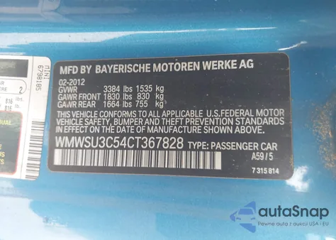 2012 Mini Cooper из США, поврежденный, VIN WMWSU3C54CT367828